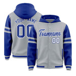 Custom Silver Royal Raglan Sleeves Varsity Full-Snap Letterman Three Stripes Jacket Hoodie | BuyFootballJersey