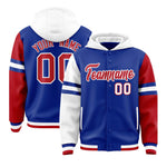 Custom Royal White-Red Raglan Sleeves Varsity Full-Snap Letterman Three Stripes Jacket Hoodie | BuyFootballJersey