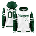 Custom White Green Raglan Sleeves Varsity Full-Snap Letterman Three Stripes Jacket Hoodie | BuyFootballJersey