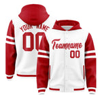 Custom White Red Raglan Sleeves Varsity Full-Snap Letterman Three Stripes Jacket Hoodie | BuyFootballJersey
