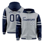 Custom Silver Navy Raglan Sleeves Varsity Full-Snap Letterman Three Stripes Jacket Hoodie | BuyFootballJersey