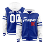 Custom Royal White Raglan Sleeves Varsity Full-Snap Letterman Three Stripes Jacket Hoodie | BuyFootballJersey