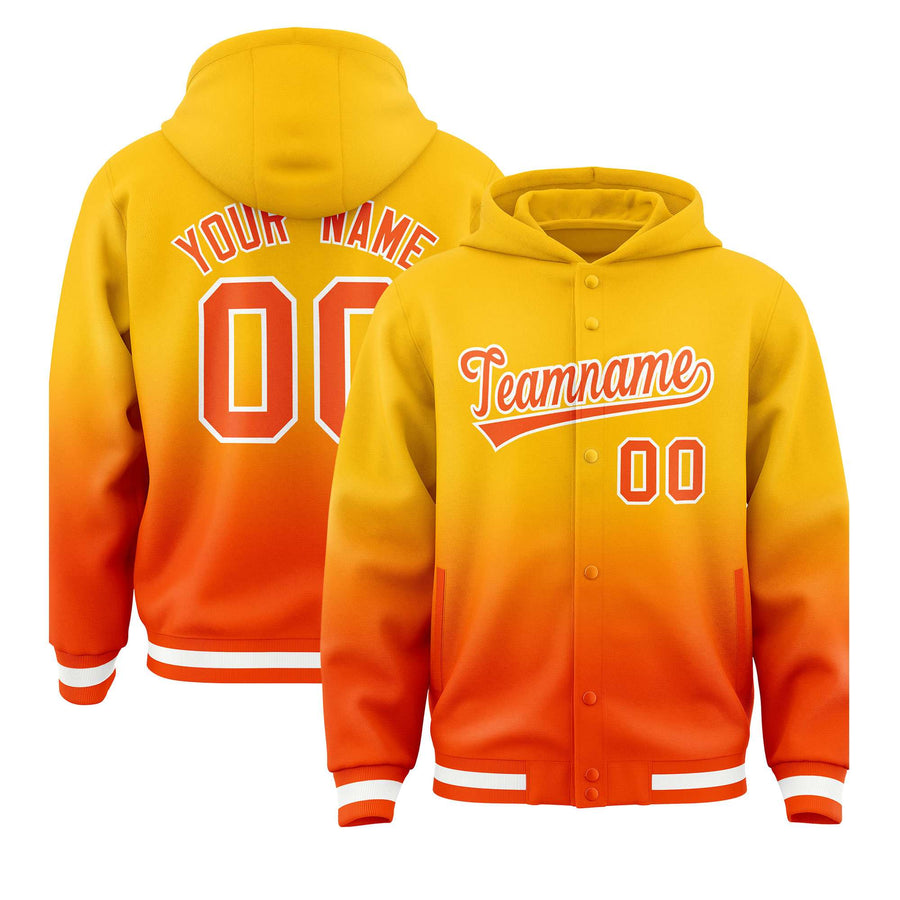 Custom Yellow Orange Varsity Full-Snap Letterman Gradient Jacket Hoodie | BuyFootballJersey
