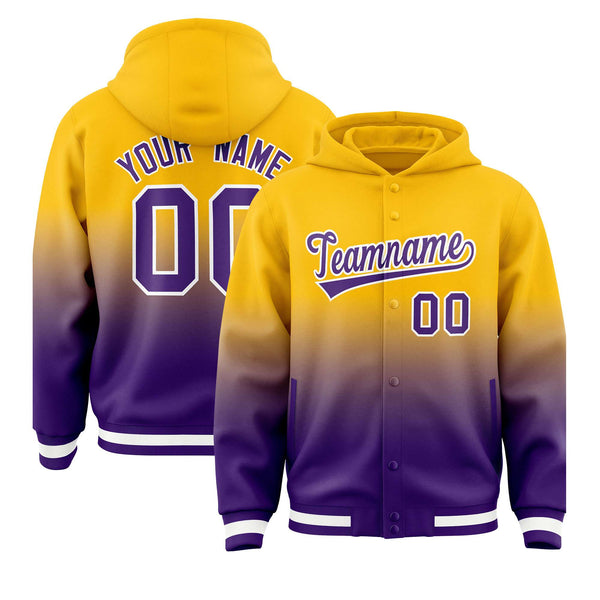 Custom Yellow Purple Varsity Full-Snap Letterman Gradient Jacket Hoodie | BuyFootballJersey