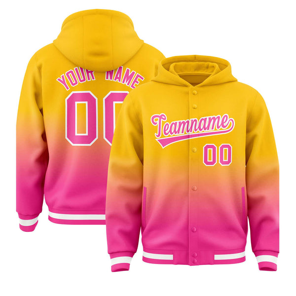 Custom Yellow Pink Varsity Full-Snap Letterman Gradient Jacket Hoodie | BuyFootballJersey