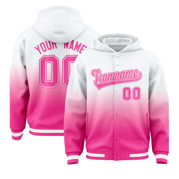 Custom White Pink Varsity Full-Snap Letterman Gradient Jacket Hoodie | BuyFootballJersey