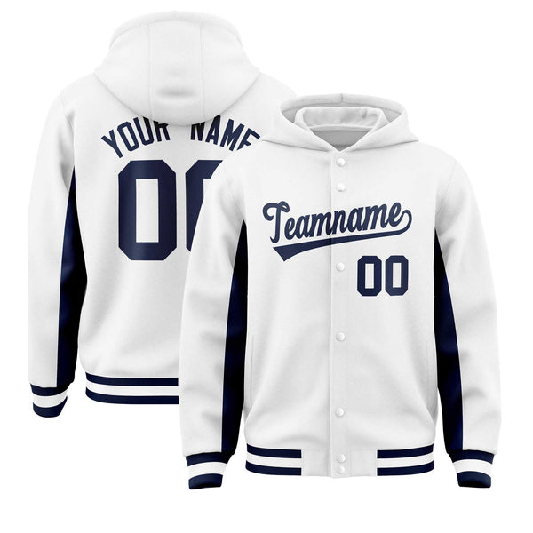 Custom White Navy Color Block Varsity Full-Snap Letterman Jacket Hoodie | BuyFootballJersey