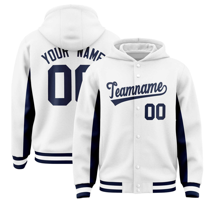 Custom White Navy Color Block Varsity Full-Snap Letterman Jacket Hoodie | BuyFootballJersey
