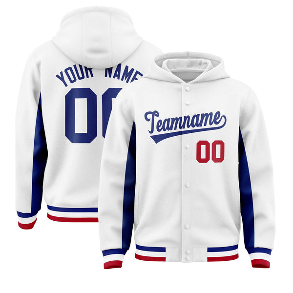 Custom White Royal Color Block Varsity Full-Snap Letterman Jacket Hoodie | BuyFootballJersey