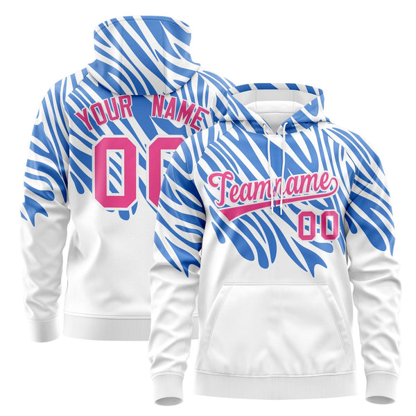 Custom White Powder Blue Pink Leopard Print Pullover Sweatshirt Hoodie | BuyFootballJersey