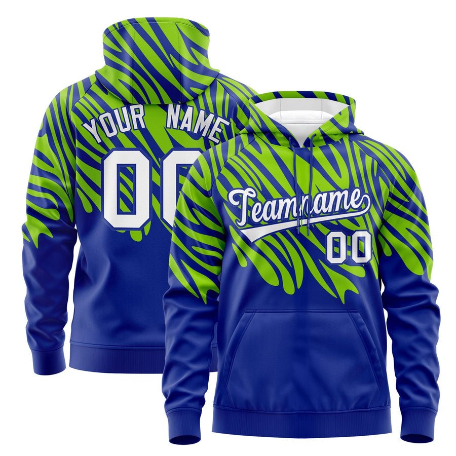 Custom Neon Green Royal Blue Leopard Print Pullover Sweatshirt Hoodie | BuyFootballJersey