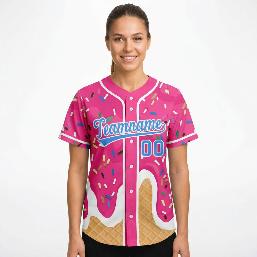 Custom Pink Ice Cream Cone Graffiti Pattern Fashion Baseball Jersey For Women | BuyFootballJersey
